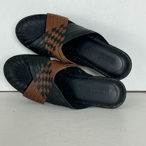 BORN Sandals Womens Size 8 Black/Brown Woven Leather Wedge Mule Slide Open Toe - Picture 2 of 12